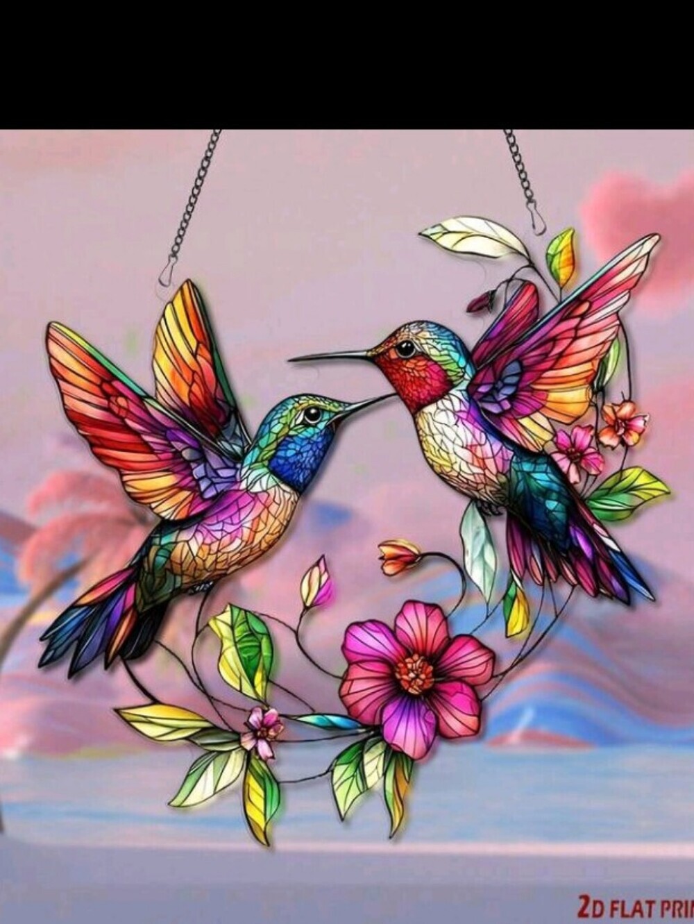 2D Flat Acrylic Vibrant Multicolor Hummingbird Window Decor Floral Motif